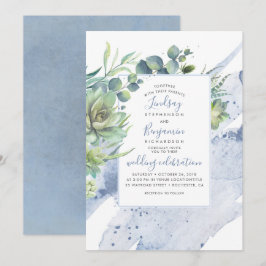 Succulents Greenery Dusty Blue Elegant bröllop Inbjudningar