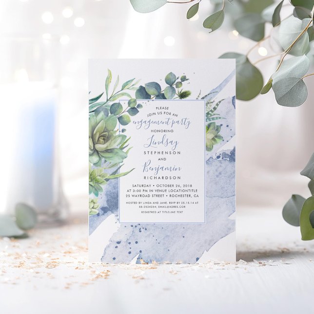 Succulents Greenery Dusty Blue Förlovningsfest Inbjudningar (Dusty Blue Greenery Engagement Party Invitations)