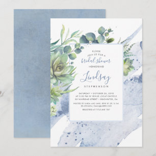 Succulents Greenery Dusty Blue Möhippa Inbjudningar