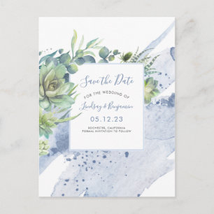 Succulents Greenery Dusty Blue Spara datumet Meddelande Vykort