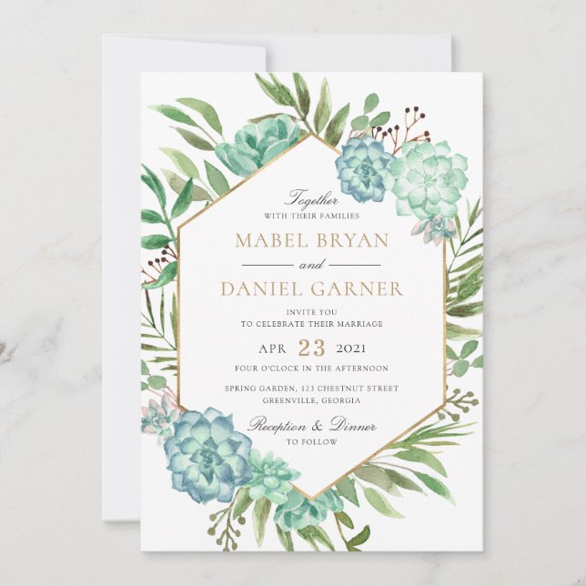 Succulents Greenery Geometric Guld Ram Bröllop Inbjudningar (Framsida)