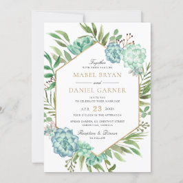 Succulents Greenery Geometric Guld Ram Bröllop Inbjudningar