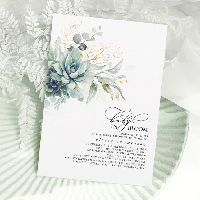 Succulents Greenery Guld Lämnar Boho Baby Shower Inbjudningar (Baby In Bloom Greenery Baby Shower Invitations)
