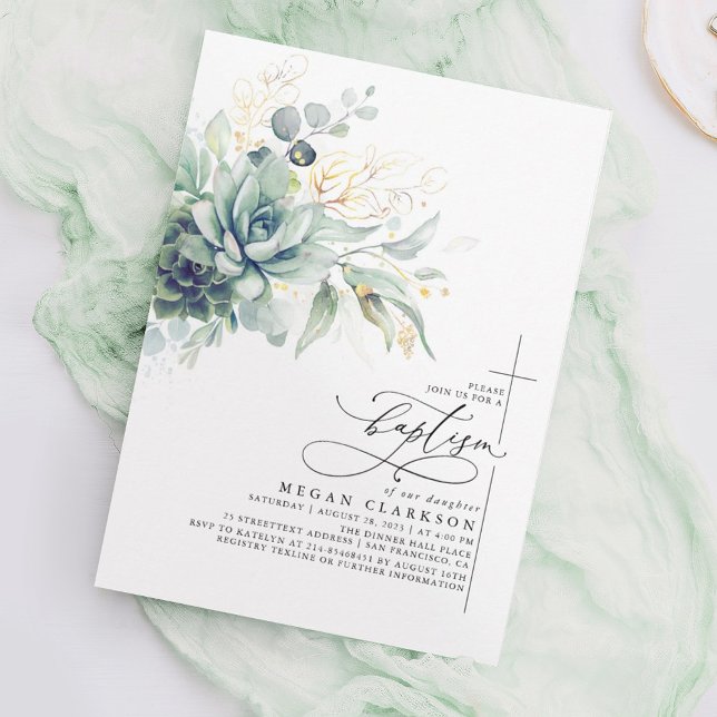 Succulents Greenery Guld Löv Elegant Baptism Inbjudningar (Skapare uppladdad)