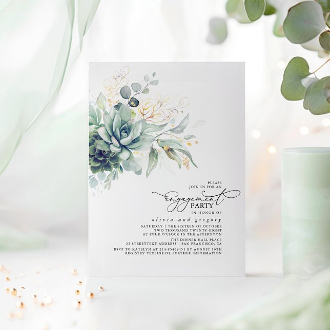 Succulents Greenery Guld Löv Förlovningsfest Inbjudningar (Engagement Party Invitations With Watercolor Succulents Greenery Illustration)