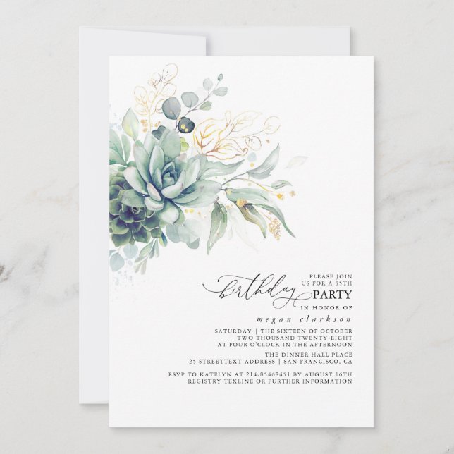 Succulents Greenery Guld Lövs Boho Birthday Inbjudningar (Framsida)