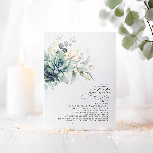 Succulents Greenery Guld Lövs Boho Studenten Inbjudningar (Succulents Greenery Graduation Party Invitations)