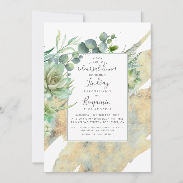 Succulents Greenery Guld Splatter Rehearsal Dinner Inbjudningar (Framsida)