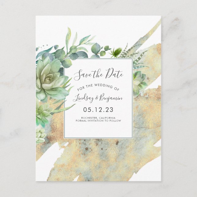 Succulents Greenery Guld Splatters Save the Date Meddelande Vykort (Framsida)