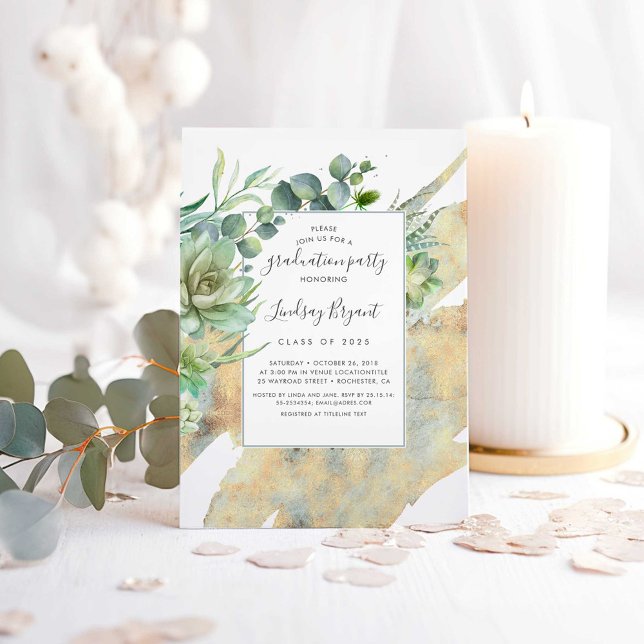 Succulents Greenery Guld Watercolor Studenten Inbjudningar (Succulents Greenery Gold Graduation Party Invitations)