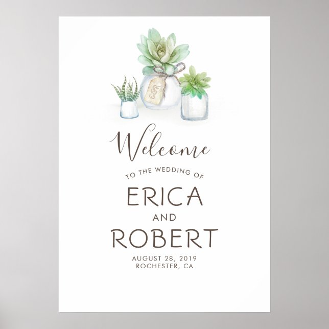 Succulents Greenery Mason Burk Rustic Bröllop Poster (Framsidan)