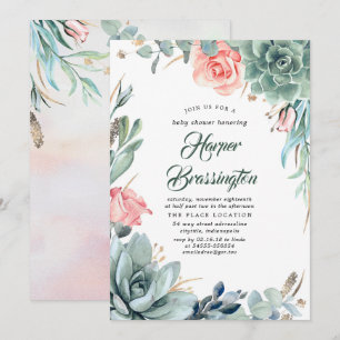 Succulents Greenery och Rosa ros Baby Shower Inbjudningar