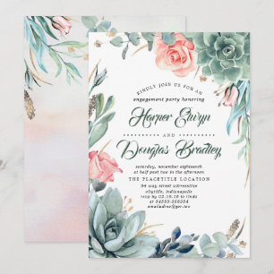 Succulents Greenery och Rosa ros Förlovningsfest Inbjudningar