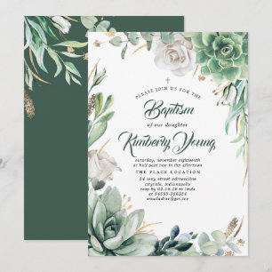 Succulents Greenery och Vit ros Baptism Inbjudningar
