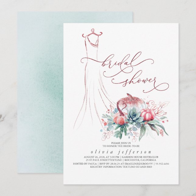 Succulents Greenery Pumpkins Dress Möhippa I Inbjudningar (Fram/baksida)