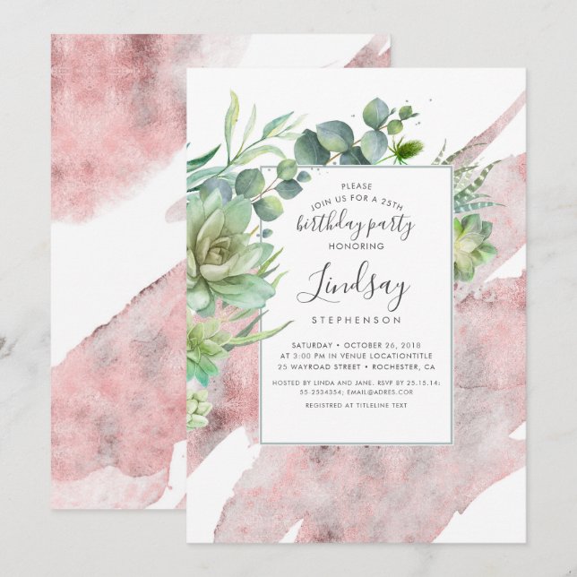 Succulents Greenery Ro Gold Foil Birthday Inbjudningar (Fram/baksida)
