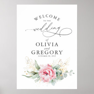 Succulents Greenery Rosa Blommigt Bröllop Välkomme Poster