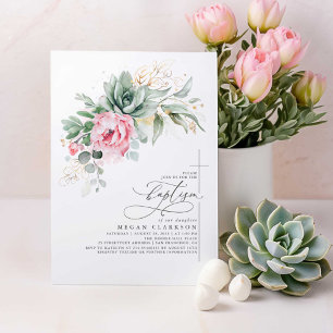 Succulents Greenery Rosa Flowers Guld Baptism Inbjudningar