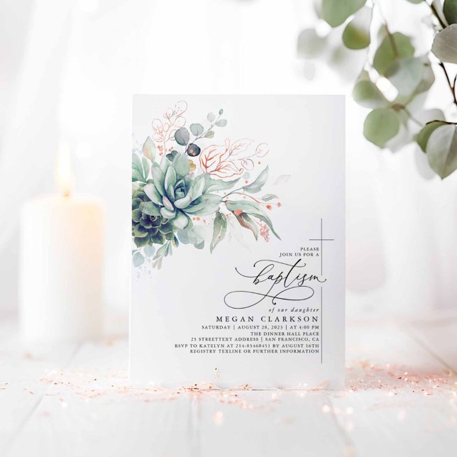 Succulents Greenery Rosa Guld Lämnar Baptism Inbjudningar (Succulents Greenery Pink Baptism Invitations)