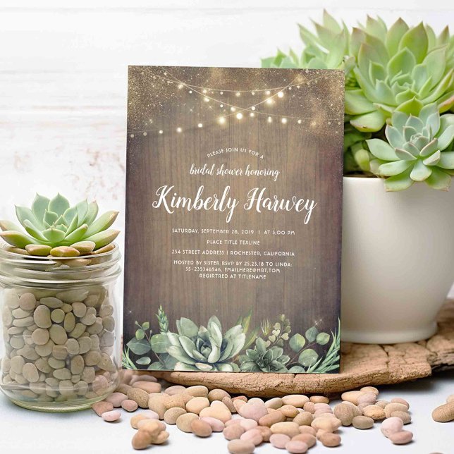 Succulents Greenery Rustic Land Möhippa Inbjudningar (Rustic Wood and Succulents Bridal Shower Invitations)