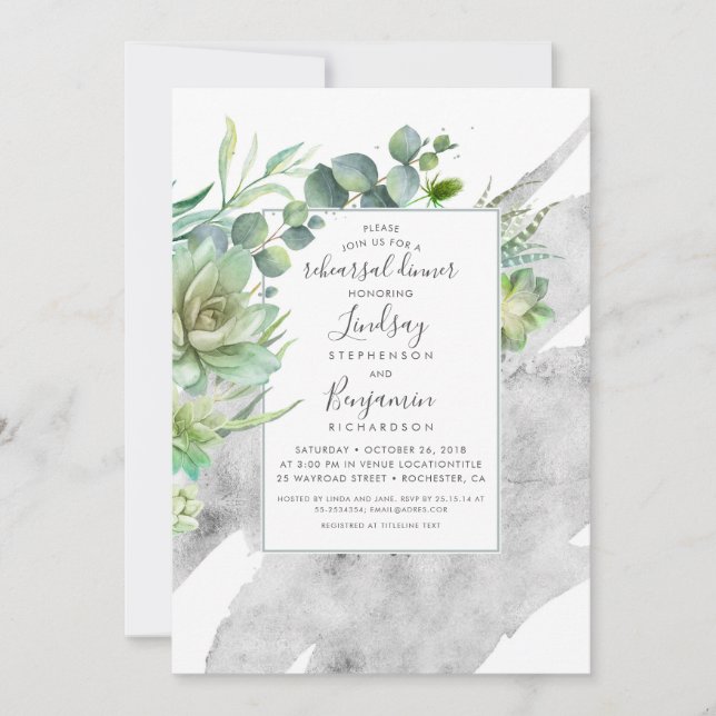 Succulents Greenery Silver Foil Rehearsal Dinner Inbjudningar (Framsida)