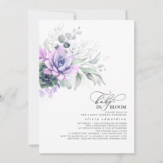 Succulents Greenery Silver Lämnar Boho Baby Shower Inbjudningar (Framsida)