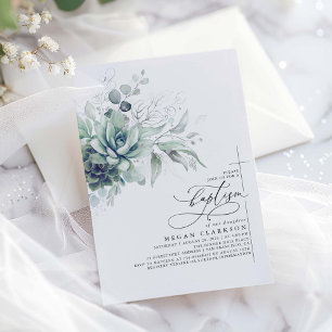 Succulents Greenery Silver Löv Elegant Baptism Inbjudningar