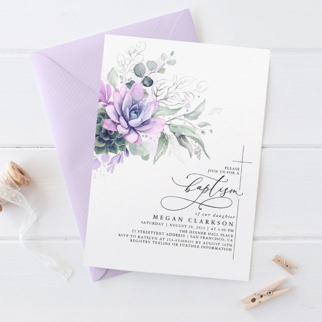Succulents Greenery Silver Löv Elegant Baptism Inbjudningar (Succulents and Silver Greenery Purple Baptism Invitations)
