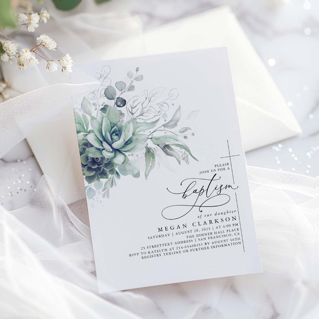 Succulents Greenery Silver Löv Elegant Baptism Inbjudningar (Silver Greenery Baptism Invitation)