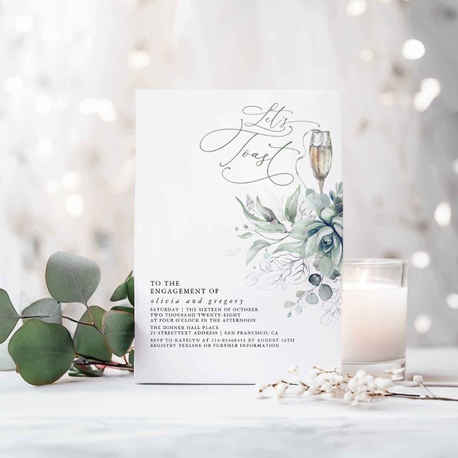 Succulents Greenery Silver Löv Förlovningsfest Inbjudningar (Silver Greenery Let's Toast Engagement Party Invitations)