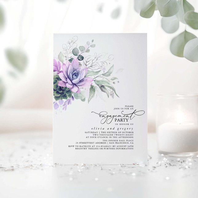 Succulents Greenery Silver Löv Förlovningsfest Inbjudningar (Silver and Purple Engagement Party Invitations featuring Watercolor Succulents Greenery)