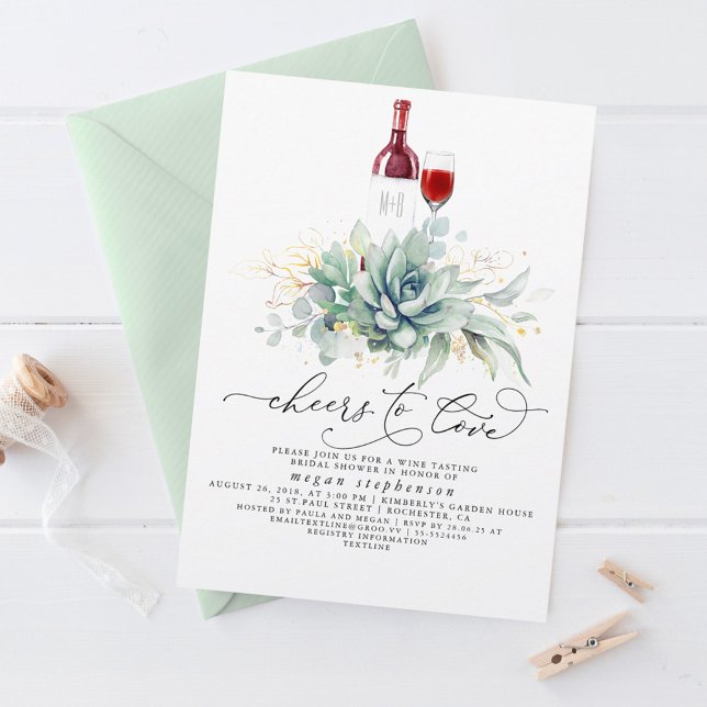 Succulents Greenery Vin Tasting Möhippa Inbjudningar (Cheers to Love Wine Tasting Greenery Bridal Shower Invitations)