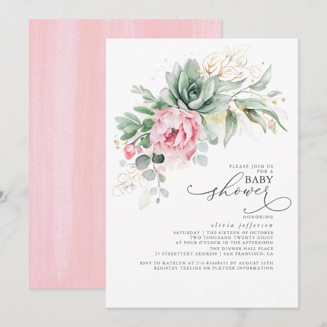 Succulents Grey and Rosa Flowers Baby Shower Inbjudningar (Fram/baksida)