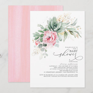 Succulents Grey and Rosa Flowers Baby Shower Inbjudningar