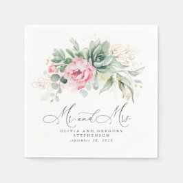 Succulents Guld Greenery and Rosa Flowers Bröllop Pappersservett