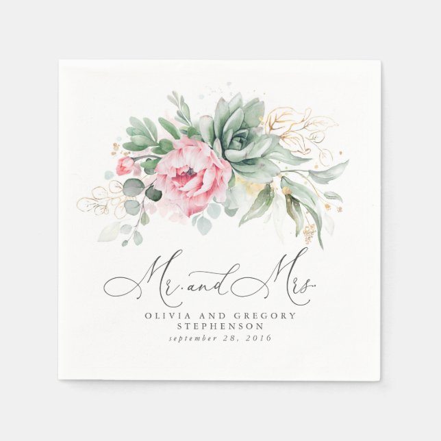 Succulents Guld Greenery and Rosa Flowers Bröllop Pappersservett (Framsidan)