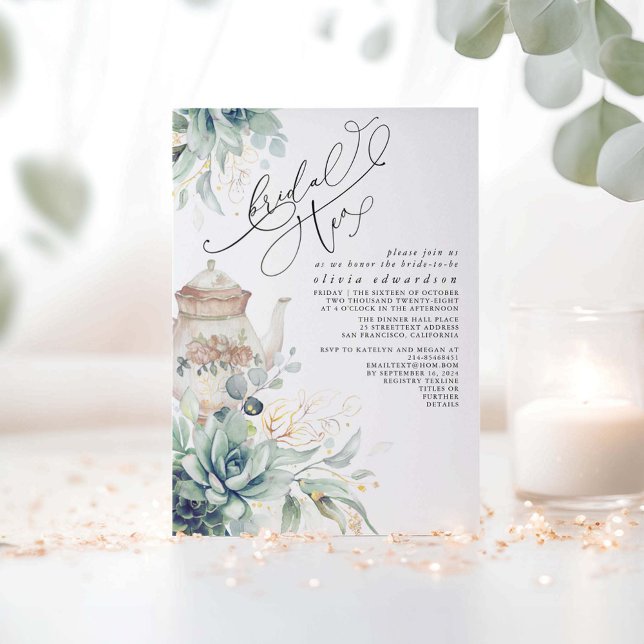 Succulents Guld Greenery Möhippa Tea Party Inbjudningar (Succulents Greenery Bridal Tea Party Invitations)