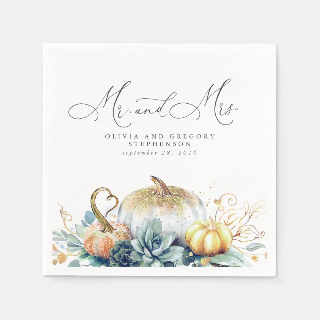 Succulents Guld Pumpkins Fall Wedding Pappersservett (Framsidan)