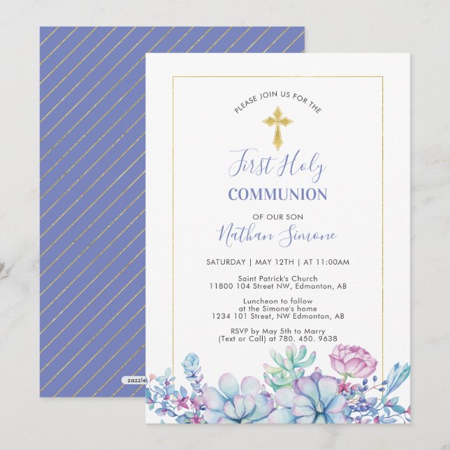 Succulents & Kor | Första Heligan Kommuniformer Inbjudningar (Fram/baksida)