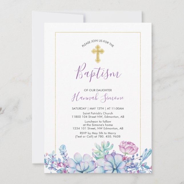 Succulents & Kor | Girl Baptism, Christening Inbjudningar (Framsida)