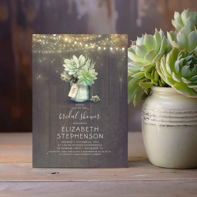 Succulents Mason Burk Rustic Land Möhippa Inbjudningar (Rustic Mason Jar and Succulents Bridal Shower Invitations)