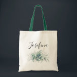 Succulents och Silver Grey Elegant Script Namn Tygkasse<br><div class="desc">Vattenskärlder och elegant silver lämnar grönt mot väskan för party eller dusch.</div>