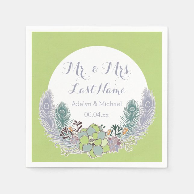 Succulents Peacock Feathers Bröllop Pappra Napkins Pappersservett (Framsidan)