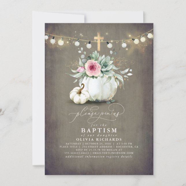 Succulents Pumpkins Guld Kor Fall Rosa Baptism Inbjudningar (Framsida)