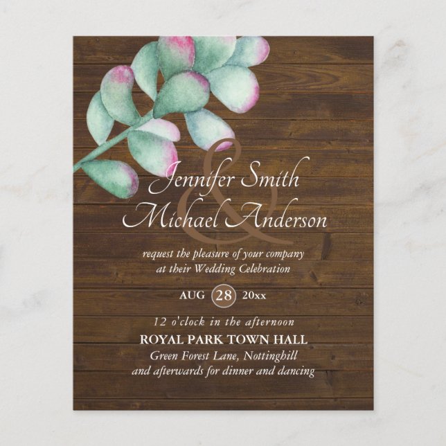 Succulents Rosa  Mint Grönt Budget Bröllop (Framsida)