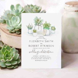 Succulents Rustic Mason Burk Greenery Bröllop Inbjudningar