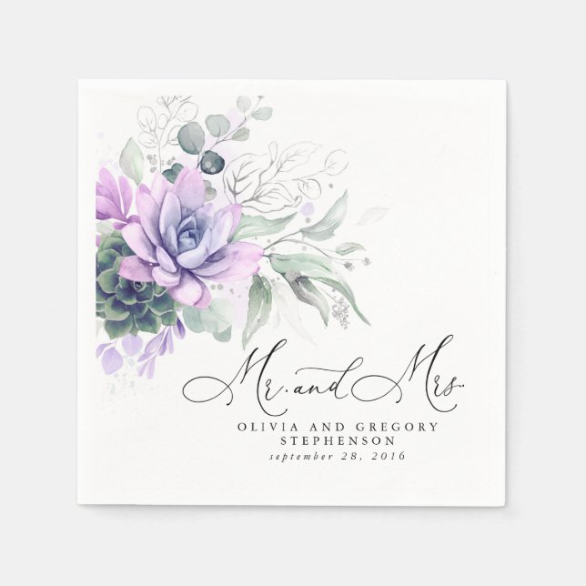 Succulents Silver Greenery Elegant Boho Bröllop Pappersservett (Framsidan)