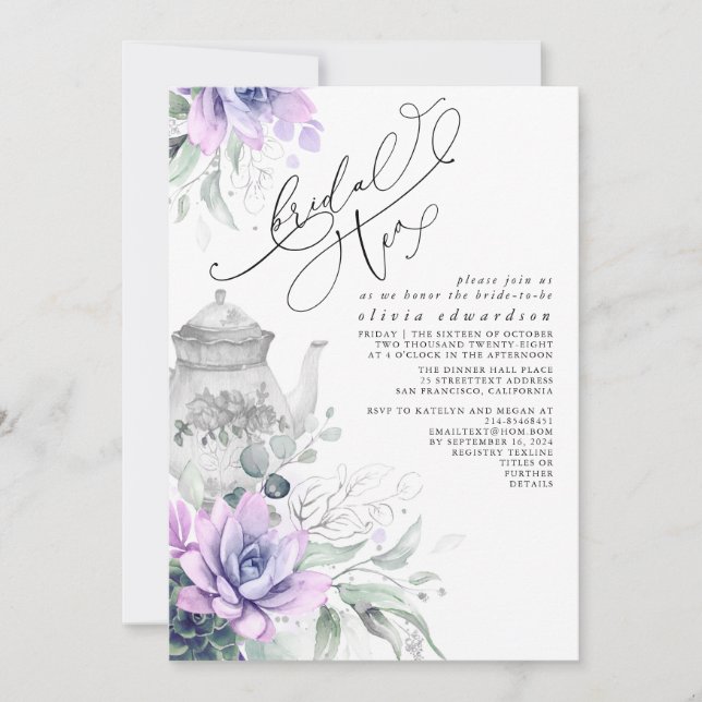 Succulents Silver Greenery Möhippa Tea Party Inbjudningar (Framsida)