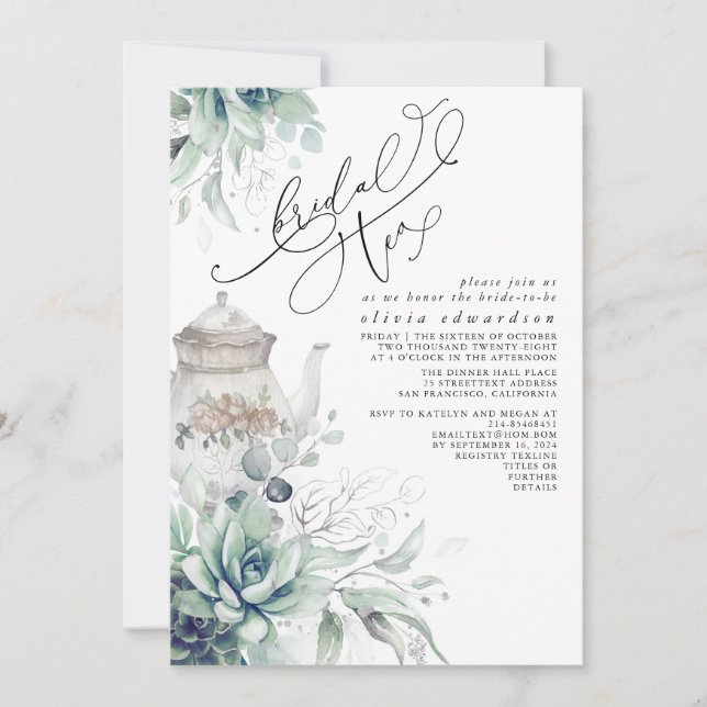 Succulents Silver Greenery Möhippa Tea Party Inbjudningar (Framsida)