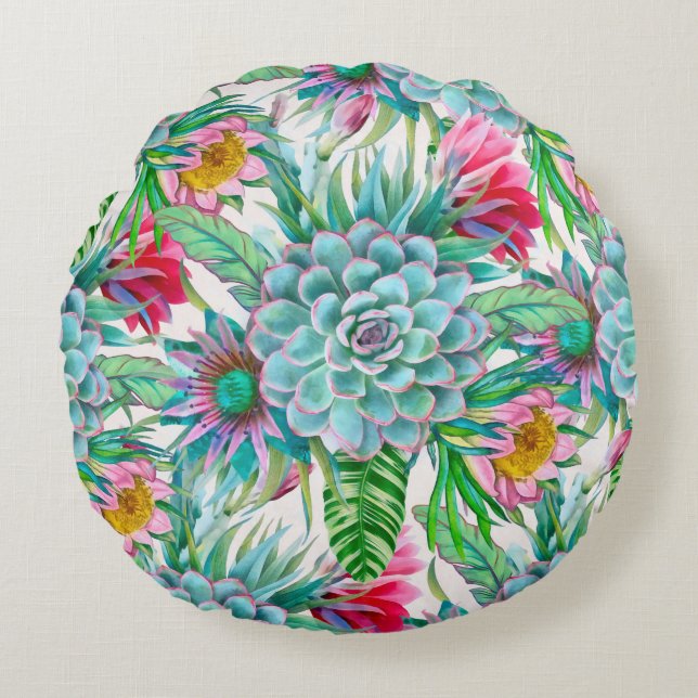 Succulents tropiska trädgård rund kudde (Framsidan)